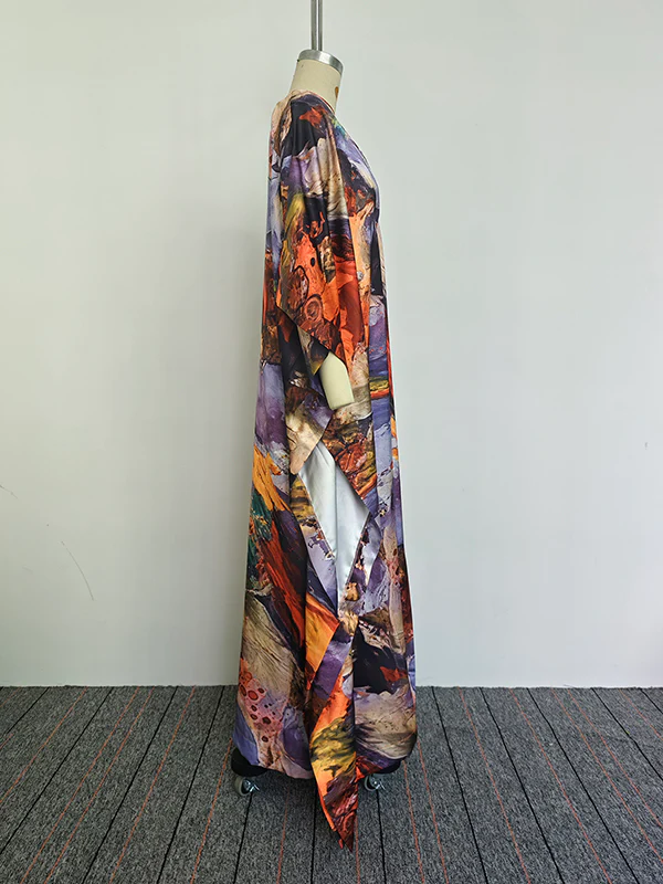 Batwing Sleeves Loose Gauze Printed Split-Joint V-Neck Maxi Dresses - Image 7