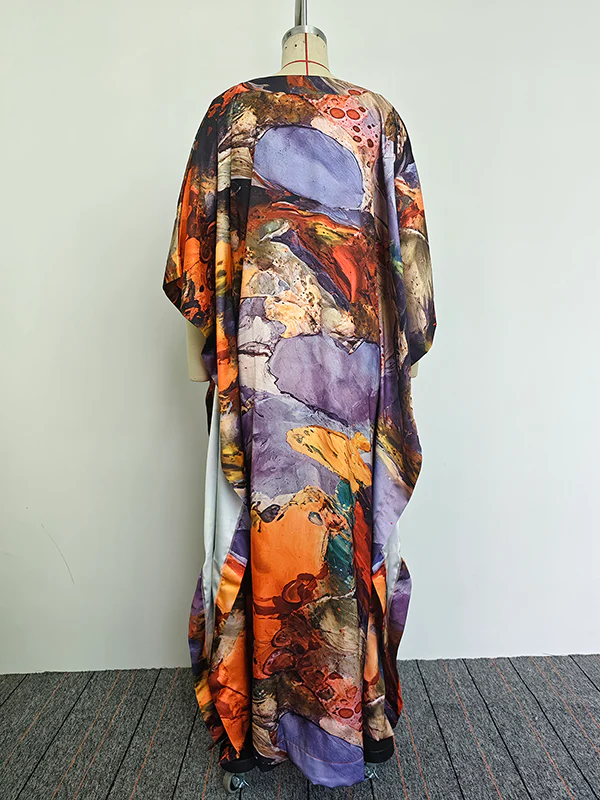 Batwing Sleeves Loose Gauze Printed Split-Joint V-Neck Maxi Dresses - Image 8