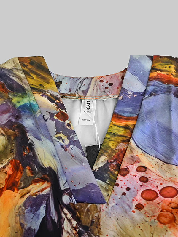 Batwing Sleeves Loose Gauze Printed Split-Joint V-Neck Maxi Dresses - Image 9