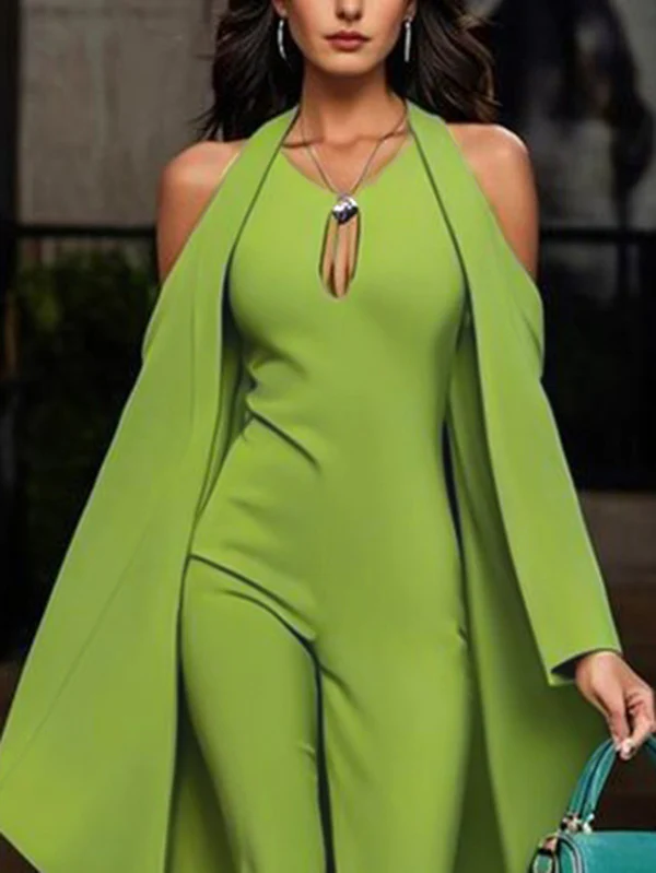 Batwing Sleeves Loose Hollow Solid Color Split-Joint Cold Shoulder Jumpsuits - Image 2