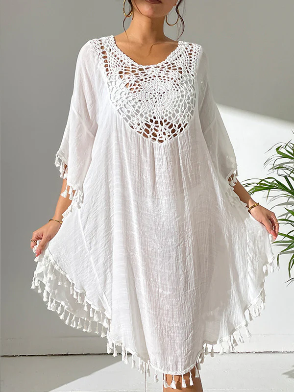 Batwing Sleeves Loose Hollow Solid Color Sun Protection Tasseled Round-Neck Cover-Ups Tops Midi Dresses - Image 10