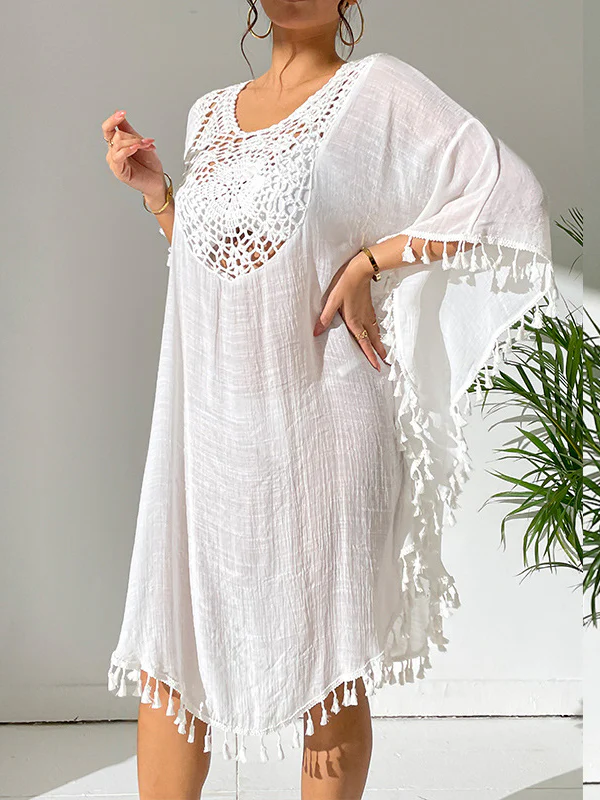 Batwing Sleeves Loose Hollow Solid Color Sun Protection Tasseled Round-Neck Cover-Ups Tops Midi Dresses - Image 11