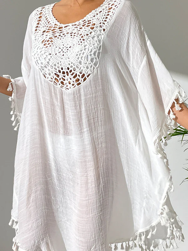 Batwing Sleeves Loose Hollow Solid Color Sun Protection Tasseled Round-Neck Cover-Ups Tops Midi Dresses - Image 12