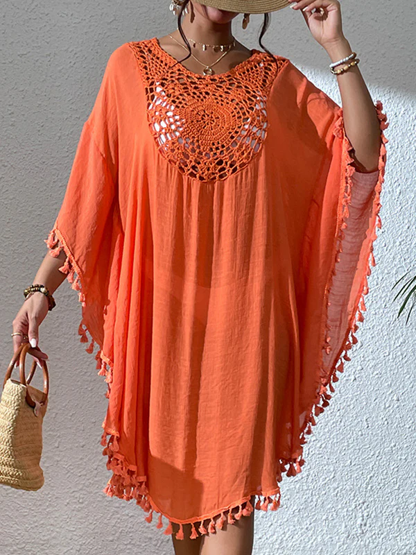 Batwing Sleeves Loose Hollow Solid Color Sun Protection Tasseled Round-Neck Cover-Ups Tops Midi Dresses - Image 13