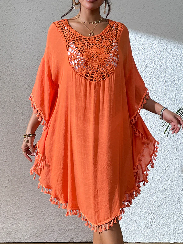 Batwing Sleeves Loose Hollow Solid Color Sun Protection Tasseled Round-Neck Cover-Ups Tops Midi Dresses - Image 14