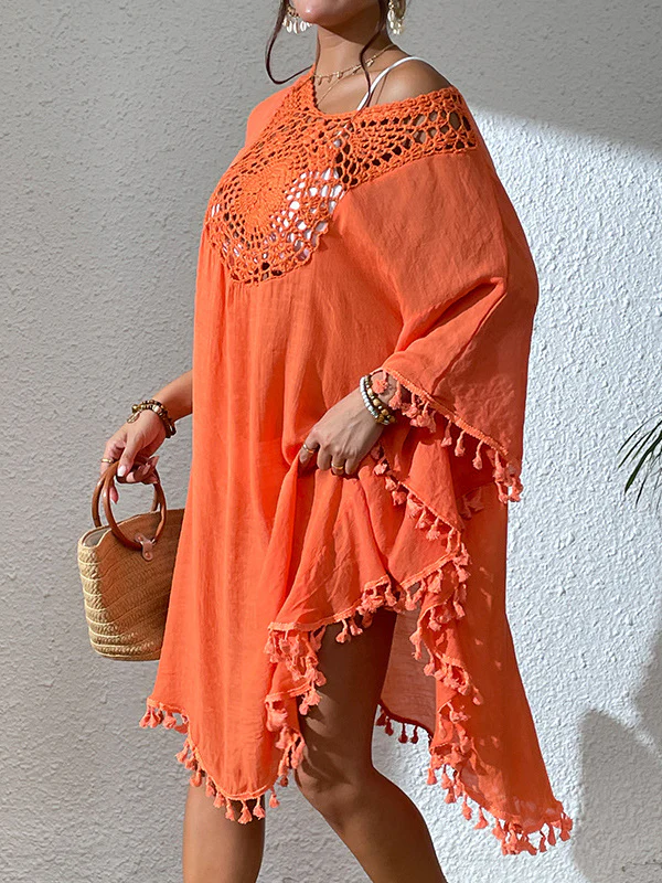 Batwing Sleeves Loose Hollow Solid Color Sun Protection Tasseled Round-Neck Cover-Ups Tops Midi Dresses - Image 15