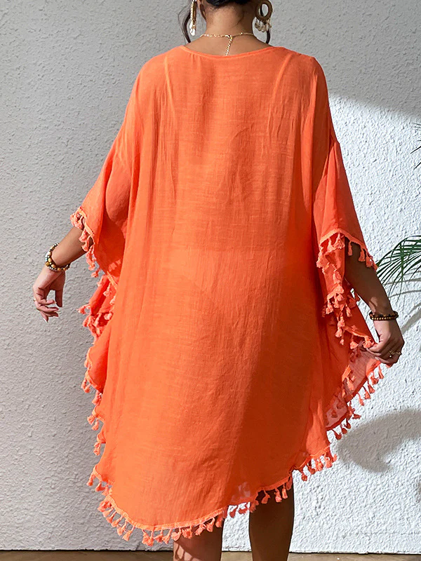 Batwing Sleeves Loose Hollow Solid Color Sun Protection Tasseled Round-Neck Cover-Ups Tops Midi Dresses - Image 16