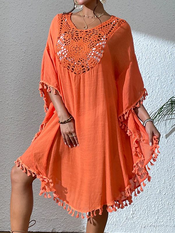 Batwing Sleeves Loose Hollow Solid Color Sun Protection Tasseled Round-Neck Cover-Ups Tops Midi Dresses - Image 2