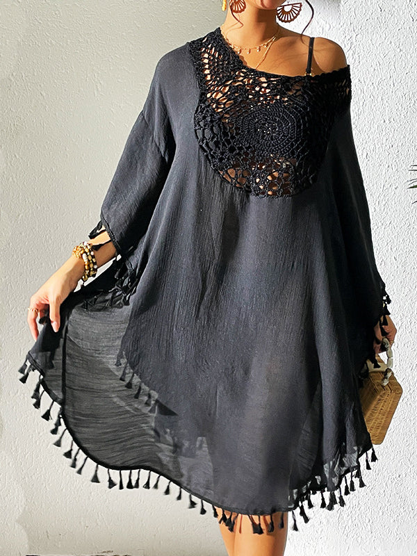 Batwing Sleeves Loose Hollow Solid Color Sun Protection Tasseled Round-Neck Cover-Ups Tops Midi Dresses - Image 3