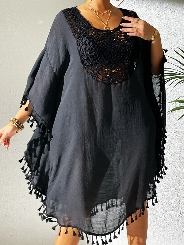 Batwing Sleeves Loose Hollow Solid Color Sun Protection Tasseled Round-Neck Cover-Ups Tops Midi Dresses - Image 4