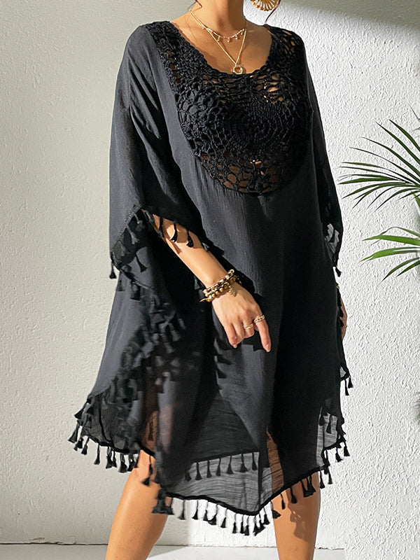 Batwing Sleeves Loose Hollow Solid Color Sun Protection Tasseled Round-Neck Cover-Ups Tops Midi Dresses - Image 5
