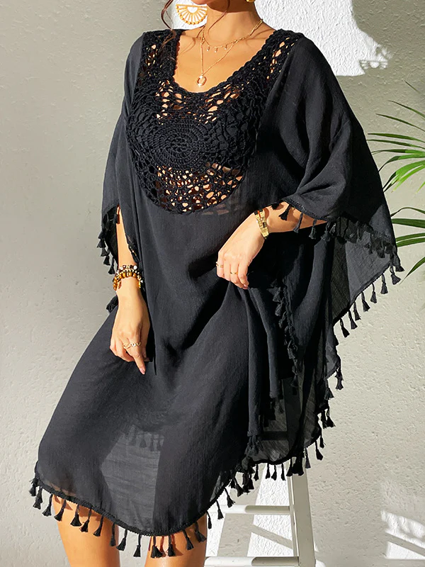 Batwing Sleeves Loose Hollow Solid Color Sun Protection Tasseled Round-Neck Cover-Ups Tops Midi Dresses - Image 7