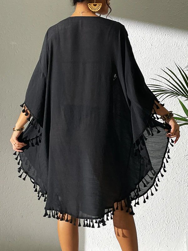 Batwing Sleeves Loose Hollow Solid Color Sun Protection Tasseled Round-Neck Cover-Ups Tops Midi Dresses - Image 8