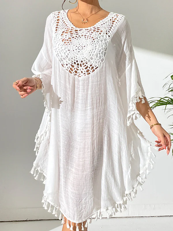 Batwing Sleeves Loose Hollow Solid Color Sun Protection Tasseled Round-Neck Cover-Ups Tops Midi Dresses - Image 9