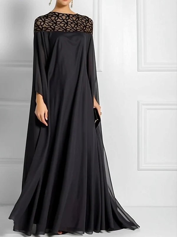 Batwing Sleeves Loose Jacquard See-Through Solid Color Split-Joint Three-Dimensional Flower Round-Neck Maxi Dresses - Image 2