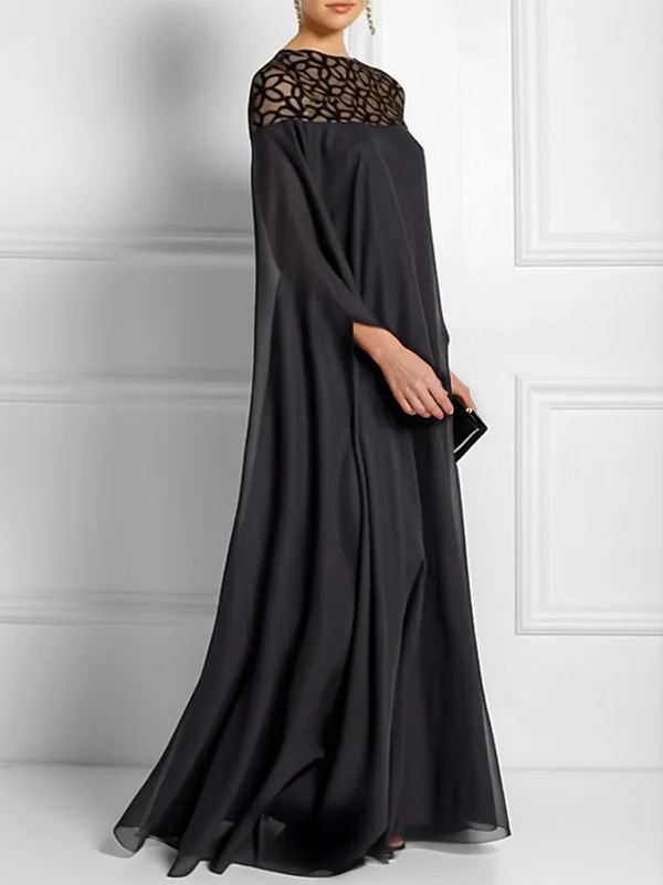 Batwing Sleeves Loose Jacquard See-Through Solid Color Split-Joint Three-Dimensional Flower Round-Neck Maxi Dresses - Image 3