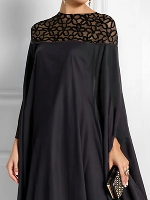 Batwing Sleeves Loose Jacquard See-Through Solid Color Split-Joint Three-Dimensional Flower Round-Neck Maxi Dresses - Image 4