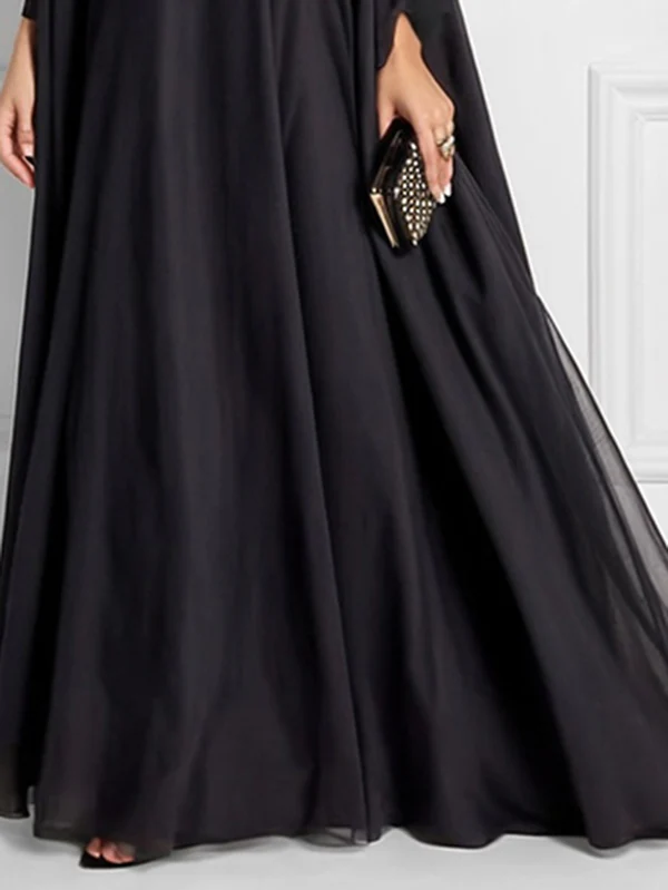 Batwing Sleeves Loose Jacquard See-Through Solid Color Split-Joint Three-Dimensional Flower Round-Neck Maxi Dresses - Image 5