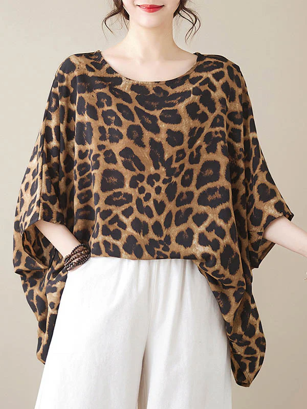 Batwing Sleeves Loose Leopard Round-Neck T-Shirts Tops - Image 2