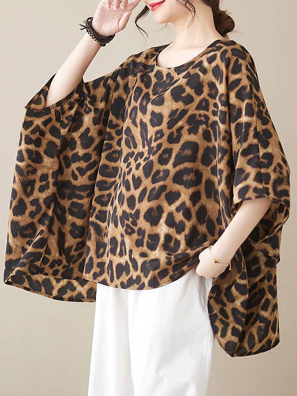 Batwing Sleeves Loose Leopard Round-Neck T-Shirts Tops - Image 3