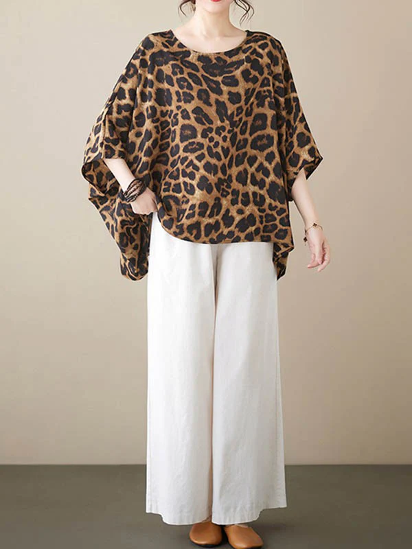 Batwing Sleeves Loose Leopard Round-Neck T-Shirts Tops - Image 5