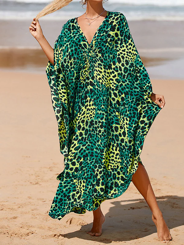 Batwing Sleeves Loose Leopard Split-Joint Split-Side Sun Protection V-Neck Beach Cover-Up Maxi Dresses - Image 2