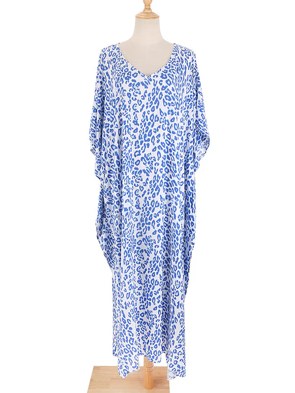 Batwing Sleeves Loose Leopard Split-Side Sun Protection V-Neck Cover-Ups Swimwear Maxi Dresses - Image 10