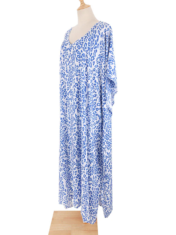 Batwing Sleeves Loose Leopard Split-Side Sun Protection V-Neck Cover-Ups Swimwear Maxi Dresses - Image 11