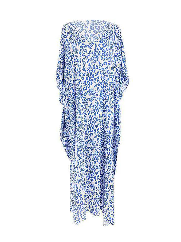 Batwing Sleeves Loose Leopard Split-Side Sun Protection V-Neck Cover-Ups Swimwear Maxi Dresses - Image 13
