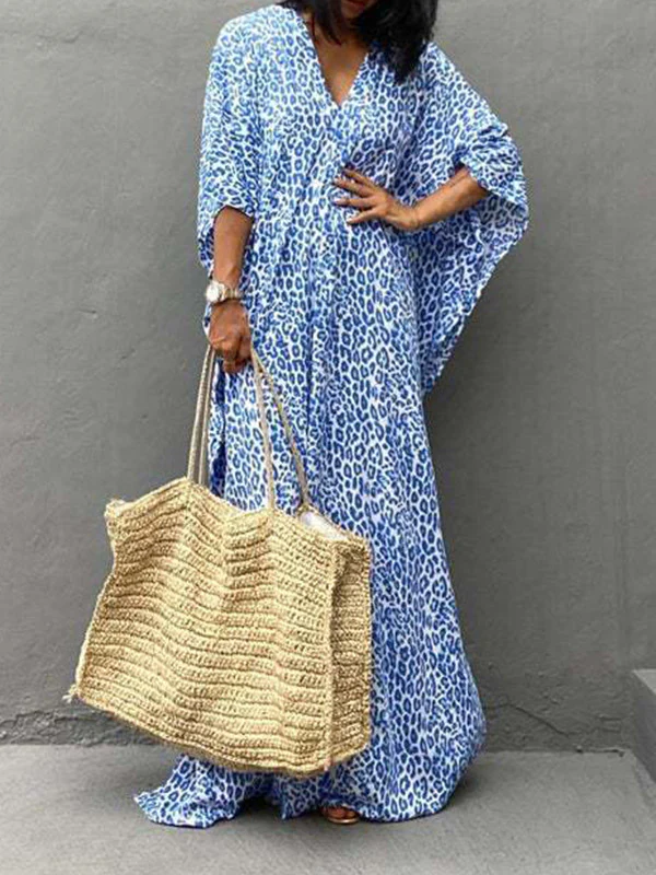 Batwing Sleeves Loose Leopard Split-Side Sun Protection V-Neck Cover-Ups Swimwear Maxi Dresses - Image 2
