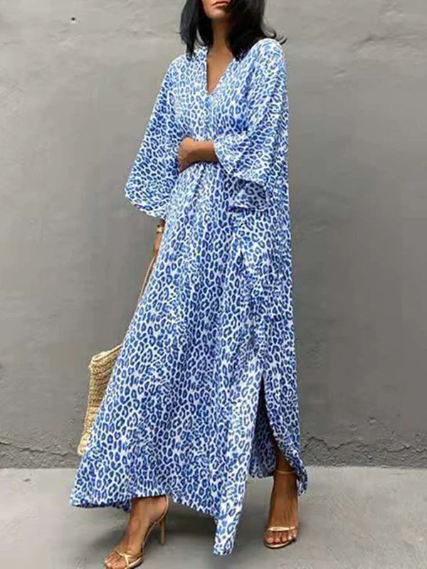 Batwing Sleeves Loose Leopard Split-Side Sun Protection V-Neck Cover-Ups Swimwear Maxi Dresses - Image 3