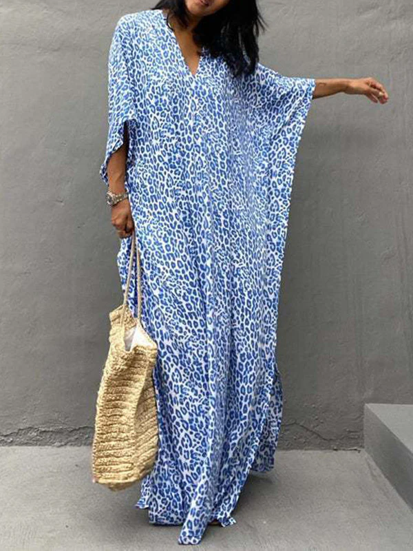 Batwing Sleeves Loose Leopard Split-Side Sun Protection V-Neck Cover-Ups Swimwear Maxi Dresses - Image 4