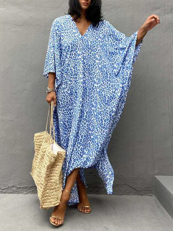 Batwing Sleeves Loose Leopard Split-Side Sun Protection V-Neck Cover-Ups Swimwear Maxi Dresses - Image 5