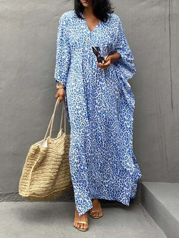 Batwing Sleeves Loose Leopard Split-Side Sun Protection V-Neck Cover-Ups Swimwear Maxi Dresses - Image 6