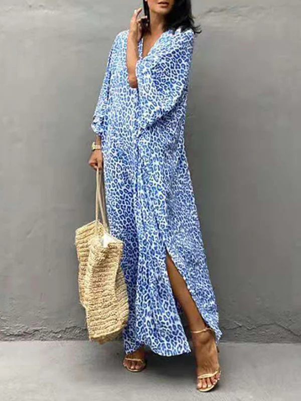 Batwing Sleeves Loose Leopard Split-Side Sun Protection V-Neck Cover-Ups Swimwear Maxi Dresses - Image 7