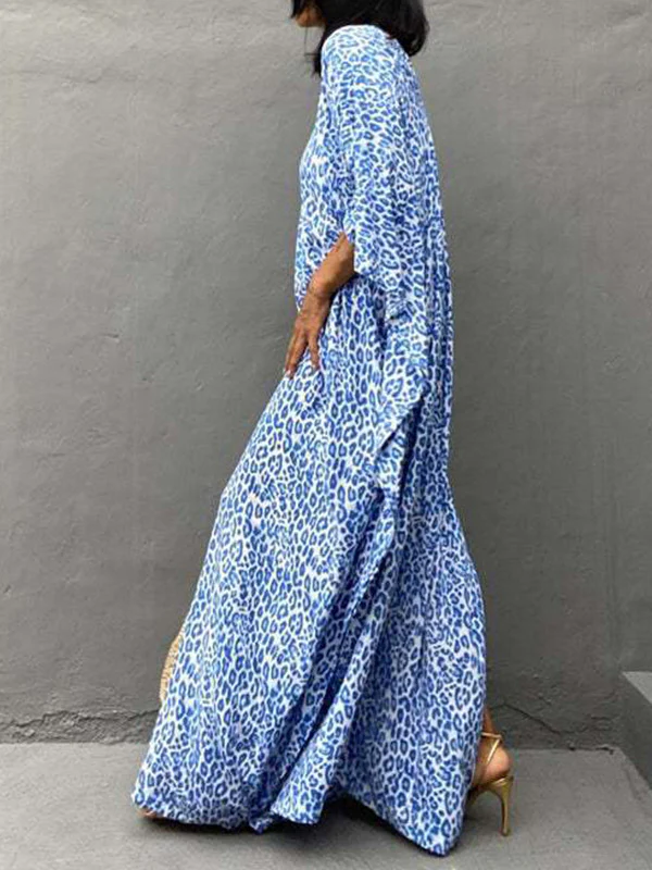 Batwing Sleeves Loose Leopard Split-Side Sun Protection V-Neck Cover-Ups Swimwear Maxi Dresses - Image 8