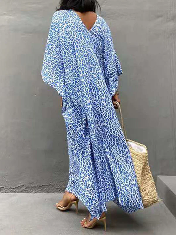 Batwing Sleeves Loose Leopard Split-Side Sun Protection V-Neck Cover-Ups Swimwear Maxi Dresses - Image 9