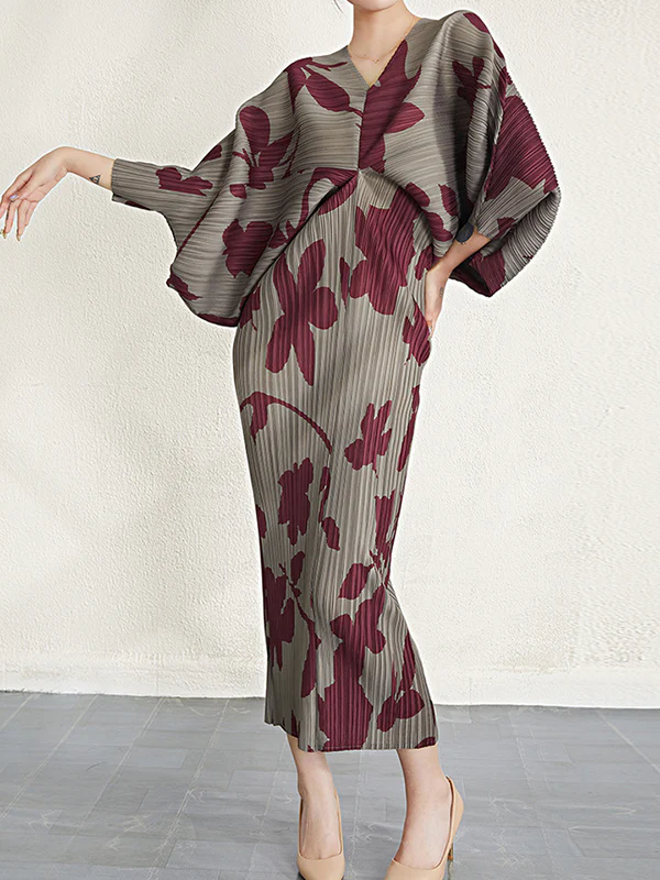 Batwing Sleeves Loose Pleated Printed V-Neck Midi Dresses - Image 10