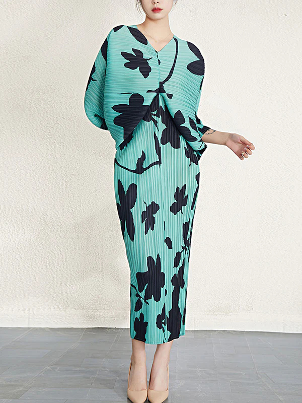 Batwing Sleeves Loose Pleated Printed V-Neck Midi Dresses - Image 14