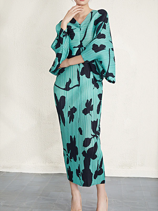 Batwing Sleeves Loose Pleated Printed V-Neck Midi Dresses - Image 15