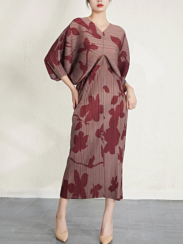 Batwing Sleeves Loose Pleated Printed V-Neck Midi Dresses - Image 2