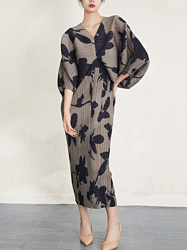 Batwing Sleeves Loose Pleated Printed V-Neck Midi Dresses - Image 3