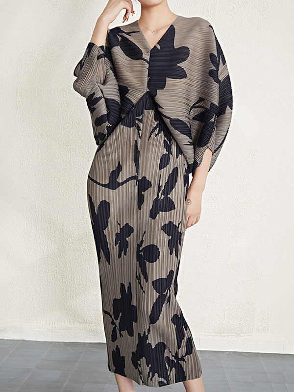 Batwing Sleeves Loose Pleated Printed V-Neck Midi Dresses - Image 4