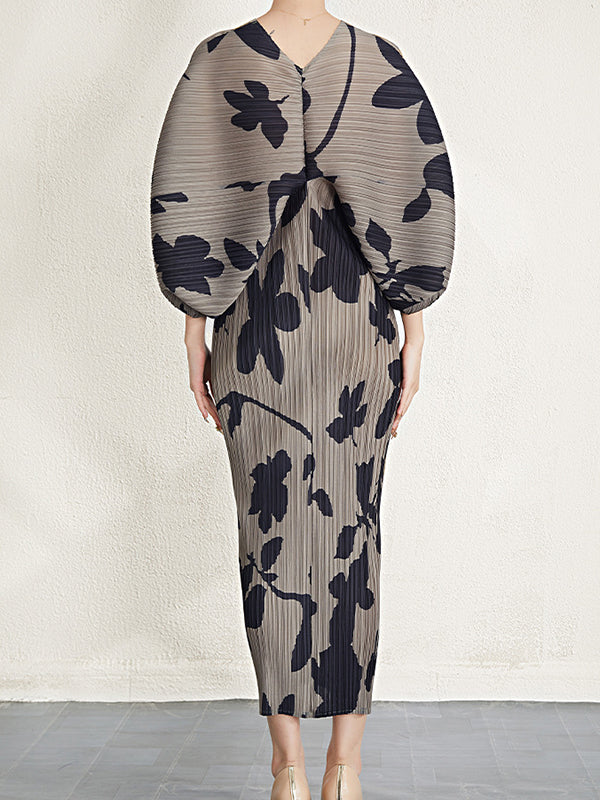 Batwing Sleeves Loose Pleated Printed V-Neck Midi Dresses - Image 5