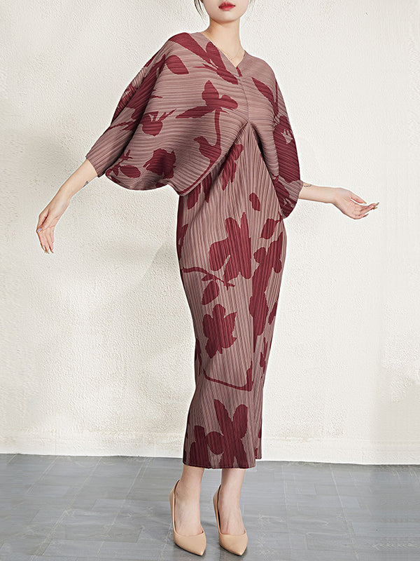 Batwing Sleeves Loose Pleated Printed V-Neck Midi Dresses - Image 6