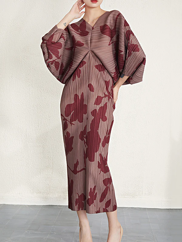 Batwing Sleeves Loose Pleated Printed V-Neck Midi Dresses - Image 7