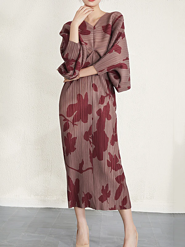 Batwing Sleeves Loose Pleated Printed V-Neck Midi Dresses - Image 8