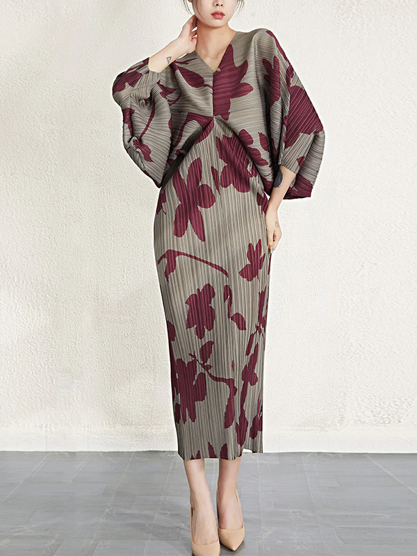 Batwing Sleeves Loose Pleated Printed V-Neck Midi Dresses - Image 9