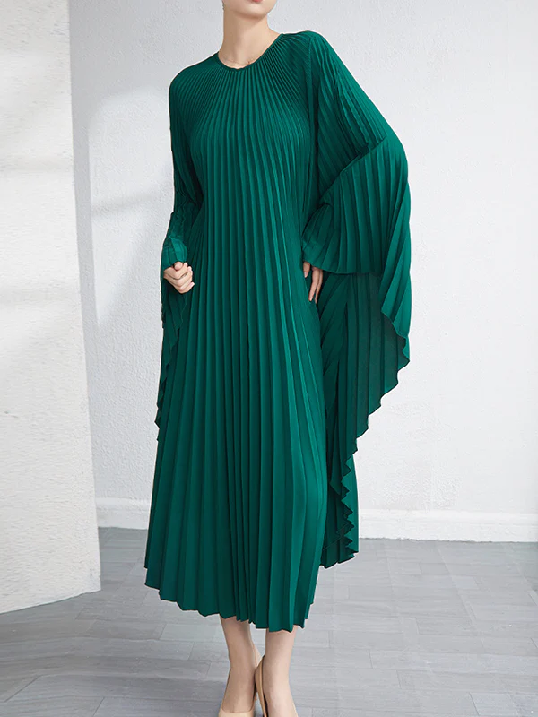 Batwing Sleeves Loose Pleated Solid Color Maxi Dresses - Image 11