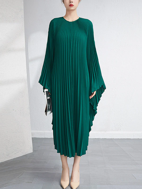 Batwing Sleeves Loose Pleated Solid Color Maxi Dresses - Image 12
